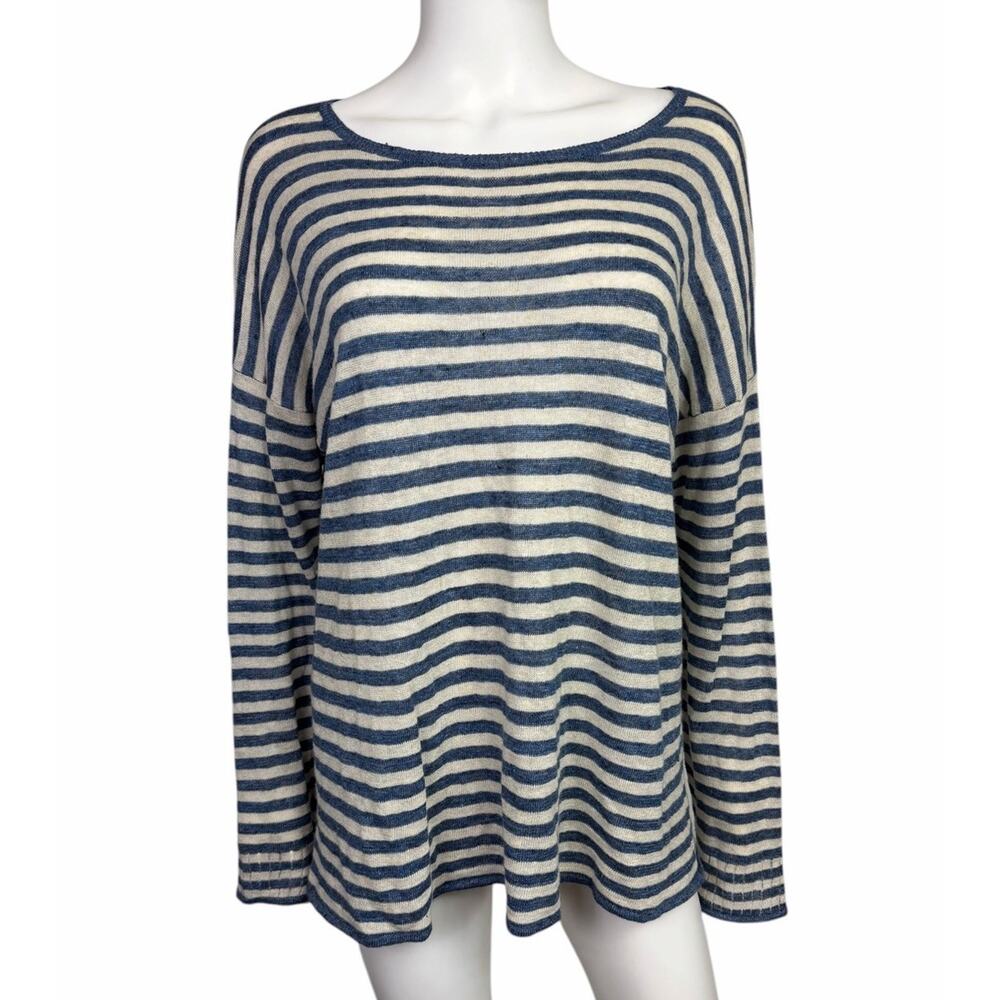 Polo Ralph Lauren Women's M Blue White Striped Linen Blend Pullover Top EUC